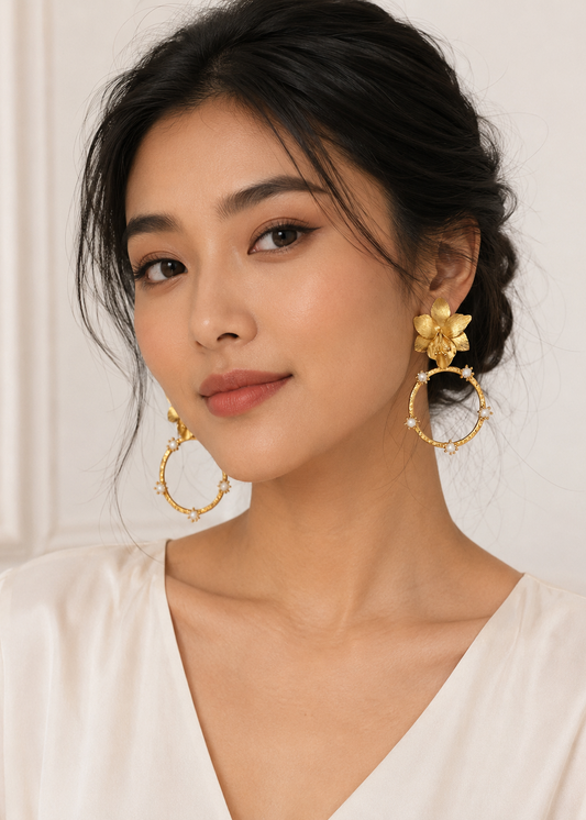 Juna Earrings – 24K gold-plated flower handmade statement jewelry by Guapíssima
