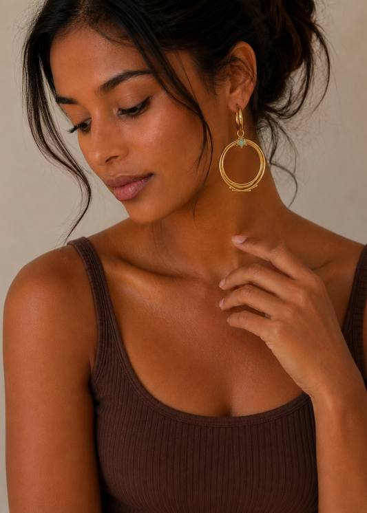 Manui Earrings – 24K gold-plated bronze and jade stone handmade earrings by Guapíssima Artisan Jewelry