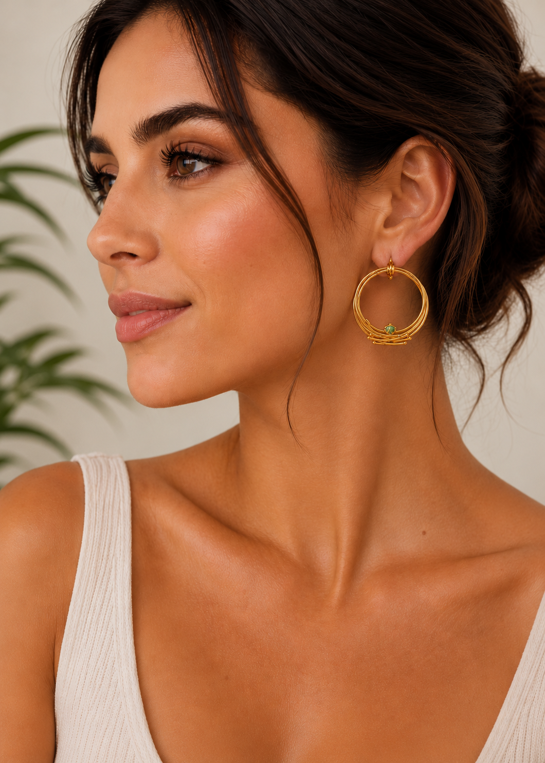 Grace Earrings – 24K gold-plated bronze and raw emerald handmade earrings by Guapíssima Artisan Jewelry