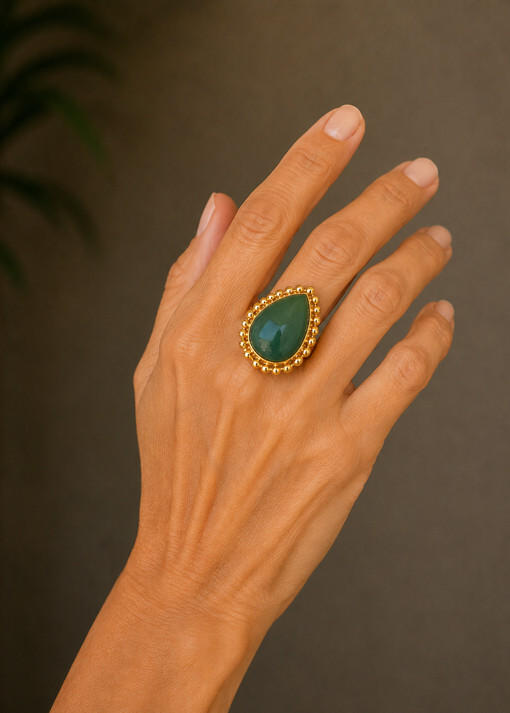 Velora Ring – 24K gold-plated bronze and jade stone handmade ring by Guapíssima Artisan Jewelry