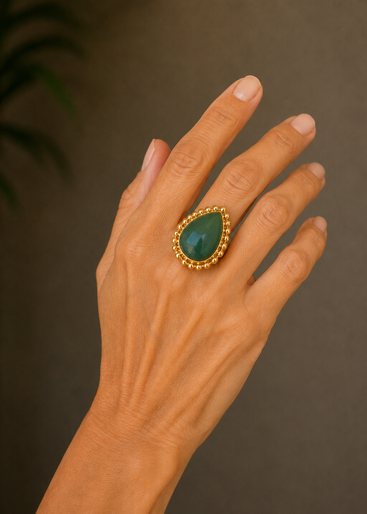 Velora Ring – 24K gold-plated bronze and jade stone handmade ring by Guapíssima Artisan Jewelry